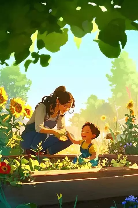 AI Video from prompt: Breeze moves the trees, mother is playing with t