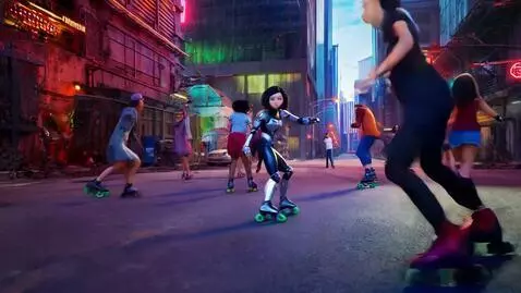 AI Video from prompt: Iron City from Alita: Battle Angel Alita roller 