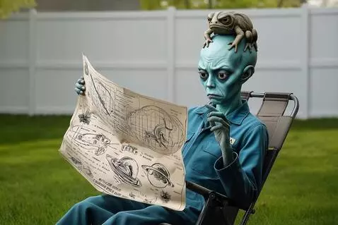 AI Video from prompt: Serious blue alien studies her map. A small brow