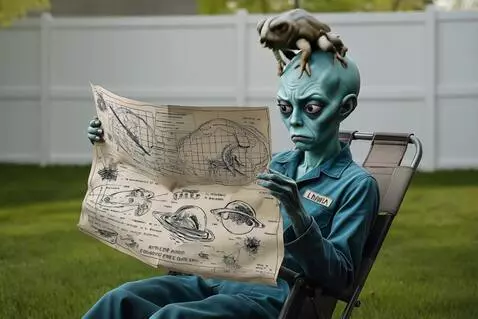 AI Video from prompt: The serious blue alien glances up. A small brown