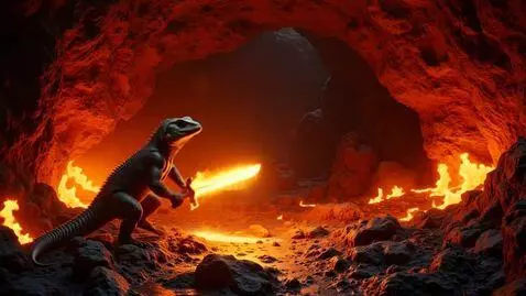 AI Video from prompt: In a volcanic cave, a lizard with a flaming tail