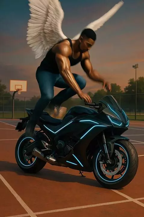 AI Video from prompt: 35mm shaky handheld camera. Jump on motorcycle. 
