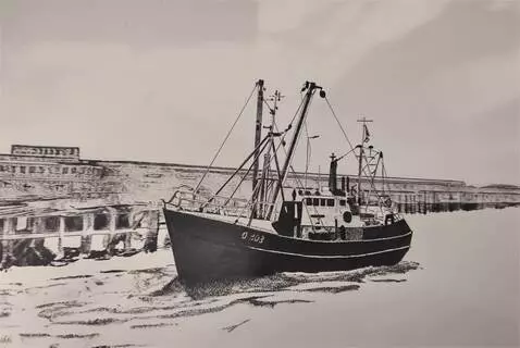 AI Video from prompt: Fishingvessel fishing and sailing along