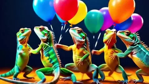 AI Video from prompt: Lizards dancing with balloons.