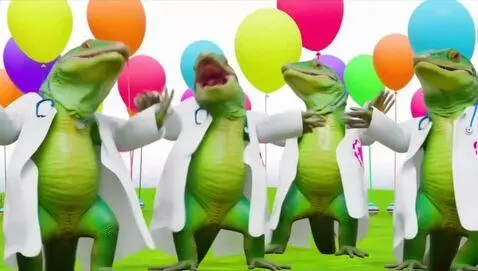 AI Video from prompt: lizards in medical gowns dancing with balloons