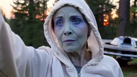 AI Video from prompt: A selfie taken at dusk in a forest. Subject is a