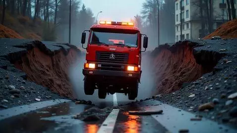 AI Video from prompt: An emergency truck falls into the abyss from a w