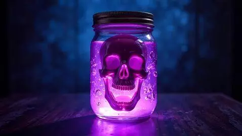 AI Video from prompt: a mason jar with a skull shaped pickle submerged
