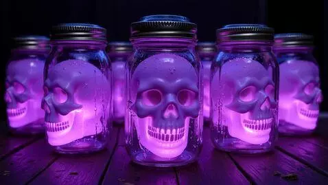 AI Video from prompt: a pattern of falling mason jars with a skull sha