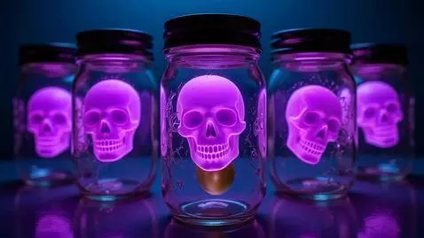 AI Video from prompt: a pattern of falling mason jars with a skull sha