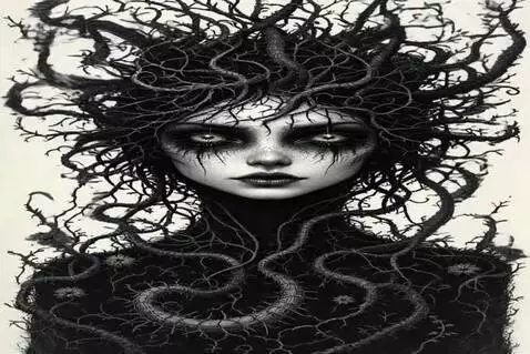 AI Video from prompt: witches hair twists and turns like medusa snakes