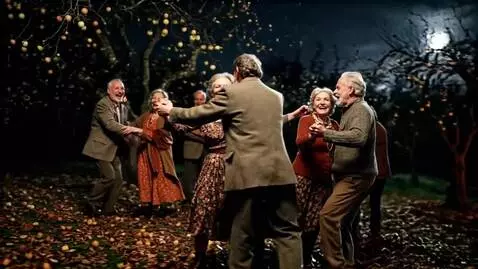 AI Video from prompt: Cinematic scene in a late autumn apple orchard a