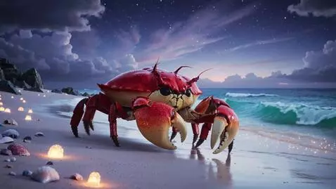AI Video from prompt: A big red crab on the beach enters the ocean. Fa