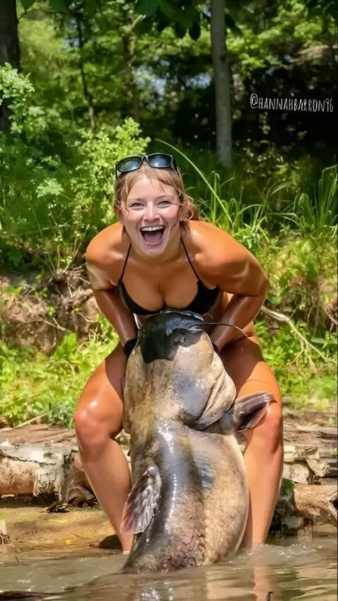 AI Video from prompt: A girl pulls a huge catfish out of the water. It