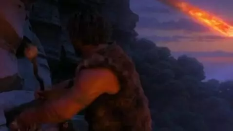 AI Video from prompt: Dino man noticed Asteroid approach say protect t