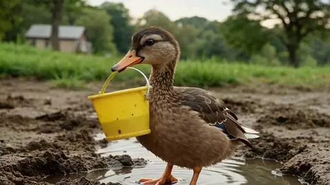 AI Video from prompt: A duck in muck holds a bucket for good luck - vo