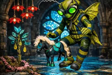 AI Video from prompt: The green doll stands as the pony canters around