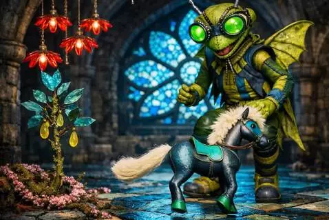 AI Video from prompt: The green doll stands as the pony canters around