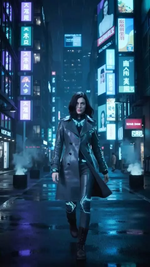 AI Video from prompt: Cyberpunk neon city street, rainy night, hologra