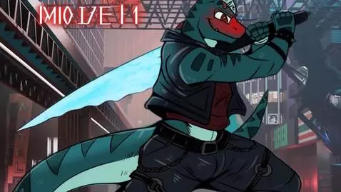 AI Video from prompt: Lizard dude stand has ground sword is out saying