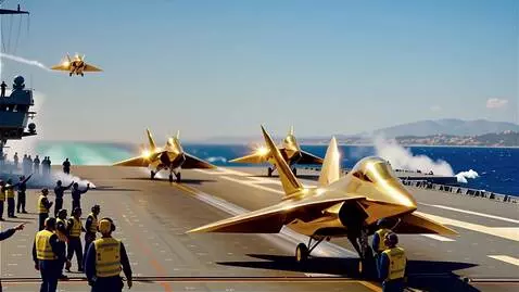 AI Video from prompt: gold fighter jets taking off from air craft carr