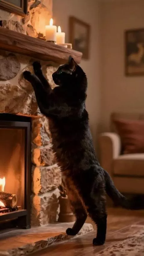 AI Video from prompt: At first, the frame only shows a cozy fireplace.