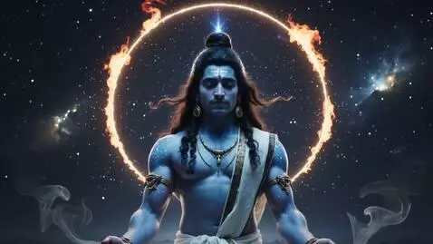 AI Video from prompt: Epic dark cosmic background, Lord Shiva meditati