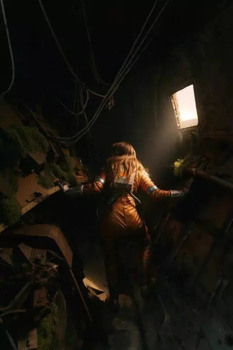 AI Video from prompt: A woman in an orange spacesuit slowly and carefu