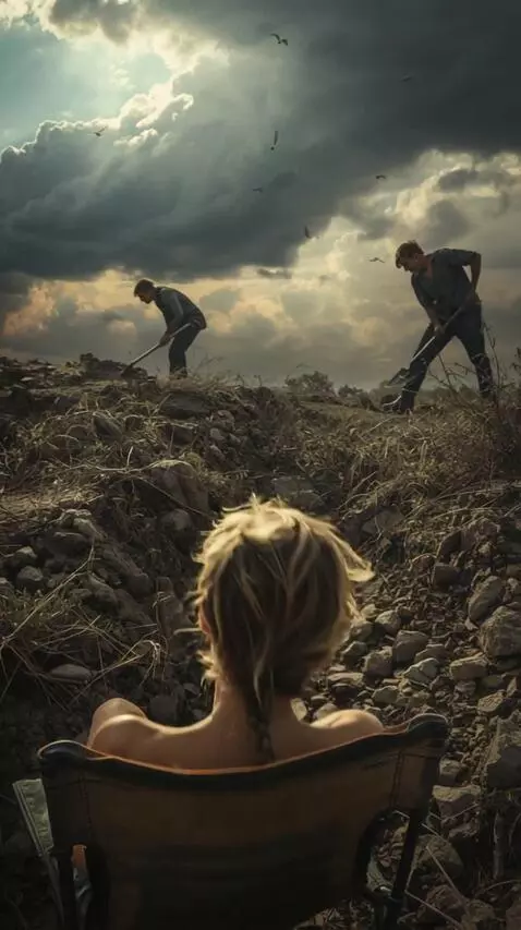 AI Video from prompt: A woman stands up and walks toward the workers d