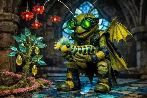 AI Video from prompt: The sapling grows. The puppet stands. Leather ca