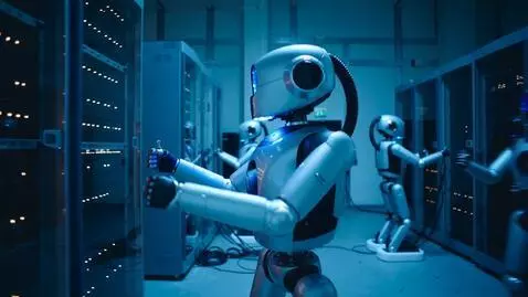 AI Video from prompt: AI robot working in a BLUE DATA CENTER with othe
