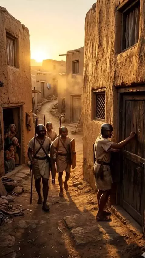 AI Video from prompt: Ancient soldiers walking through narrow mud-bric