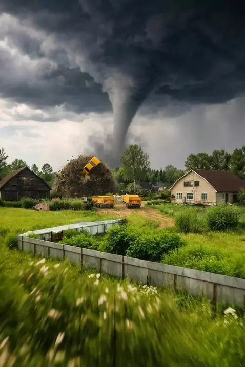 AI Video from prompt: Instagram test ,a house collapses, yellow cars a