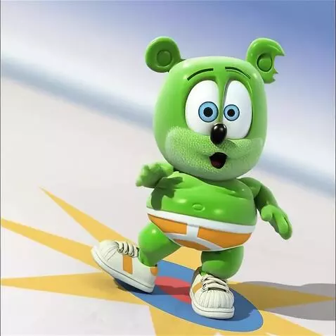 AI Video from prompt: a green jelly gummy bear wearing an orange y-fro