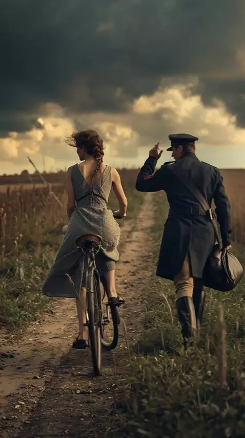 AI Video from prompt: A woman on a bicycle rides past a man, her hair 