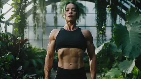 AI Video from prompt: Posion ivy posing muscles, flex PECS, adominal m