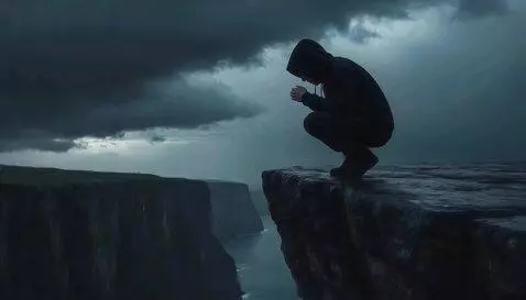 AI Video from prompt: Rain, thunderstorm, guy looks down, saying a pra