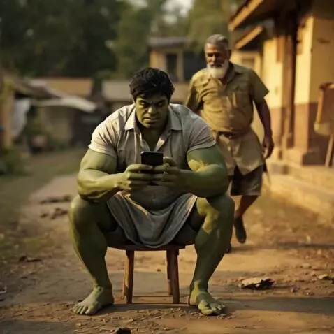 AI Video from prompt: green strong man (Hulk-style look) is sitting on