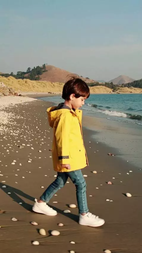 AI Video from prompt: generate how a child walks along the shore close
