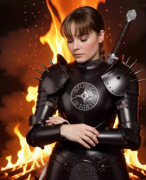 AI Video from prompt: the girl lowers her hands. there is a flame behi