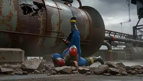 AI Video from prompt: Action Man jumps explosively into shot and says 