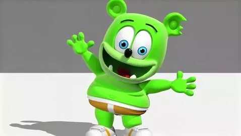 AI Video from prompt: a green jelly gummy bear wearing an orange y-fro