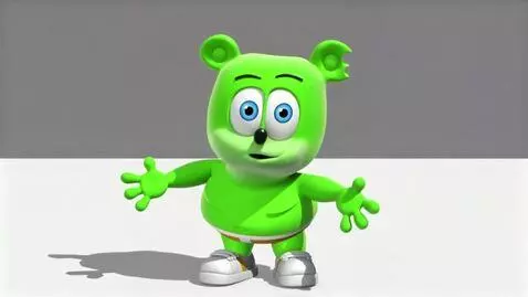 AI Video from prompt: a green jelly gummy bear wearing an orange y-fro