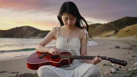 AI Video from prompt: Still frame: a girl in a loose white dress playi