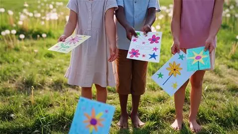 AI Video from prompt: the postcards fly out of the children's hands an