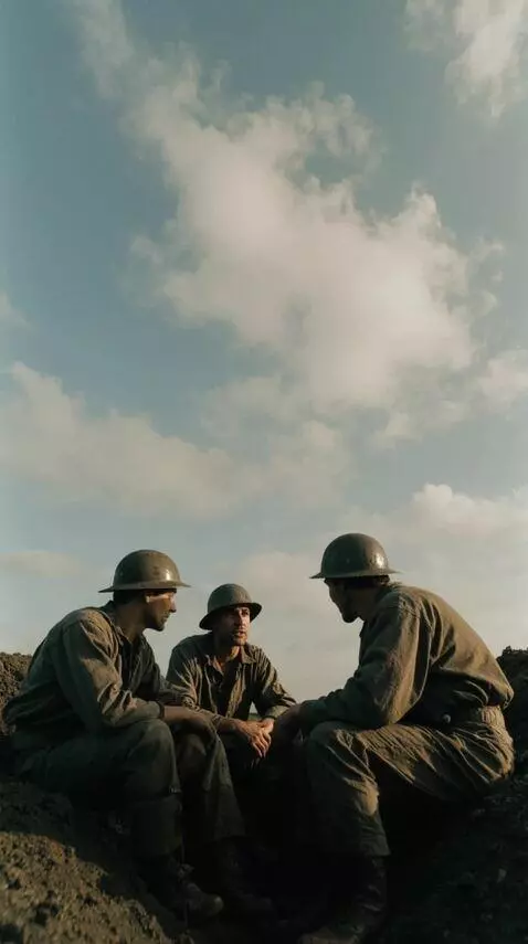 AI Video from prompt: World War II soldiers in dirty uniforms sit in a