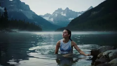 AI Video from prompt: A young woman emerges from a mountain lake.