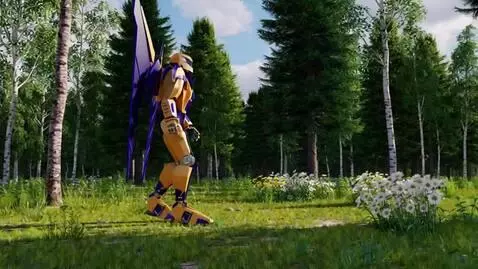 AI Video from prompt: This robot walks through a forest clearing and r