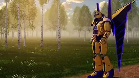 AI Video from prompt: This robot walks through a forest clearing and p