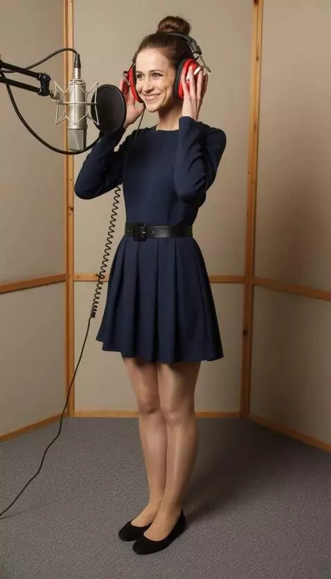 AI Video from prompt: The girl takes a step back from the microphone w